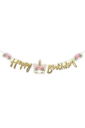Çiçekli Unicorn Happy Birthday Kaligrafi Banner