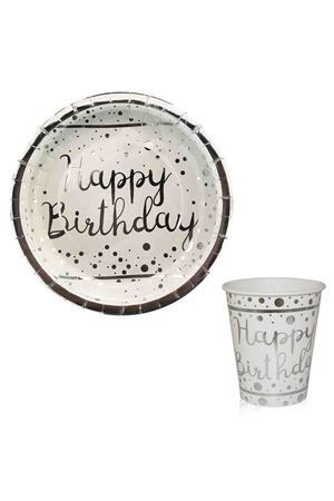 Happy Birthday Gümüş Karton Tabak Bardak  6 Adet