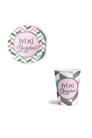 İyiki Doğdun Yaldızlı Pembe Tabak Bardak 8 Adet
