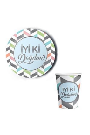 İyiki Doğdun Yaldızlı Mavi Tabak Bardak 8 Adet