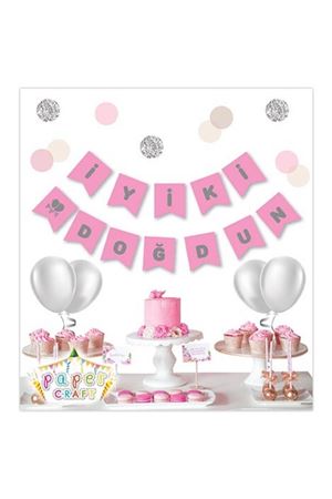 İyi ki Doğdun Gümüş Yaldızlı Pembe Banner