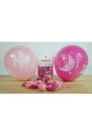 Ay ve Yıldız Baskılı Pembe Balon 100 Adet