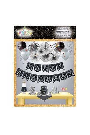 Siyah Gümüş Happy Birthday Banner