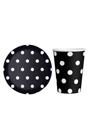 Puantiyeli Siyah Tabak Bardak Set 8 Adet