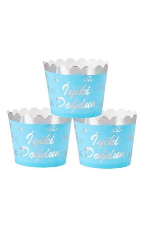 Metalize Mavi Gümüş İyi ki Doğdun Cupcake Kabı