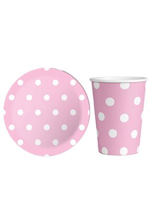 Puantiyeli Pembe Tabak Bardak Set 8 Adet