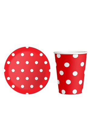 Puantiyeli Kırmızı Tabak Bardak Set 8 Adet