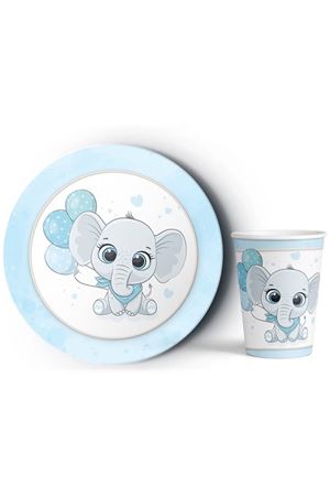 Fil Temalı Tabak Bardak Set Mavi 8 Adet