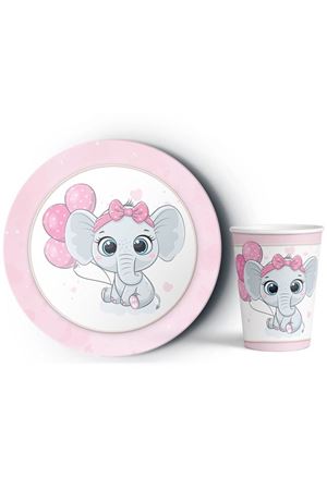 Fil Temalı Tabak Bardak Set Pembe 8 Adet