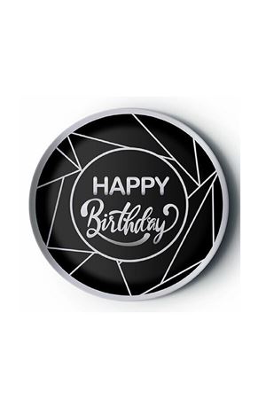 Happy Birthday Yaldızlı Gümüş Siyah Karton Tabak 8 Adet