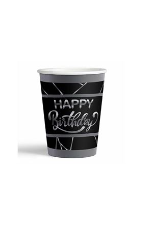 Happy Birthday Yaldızlı Gümüş Siyah Karton Bardak 8 Adet