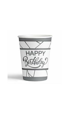 Happy Birthday Yaldızlı Gümüş Beyaz Karton Bardak 8 Adet