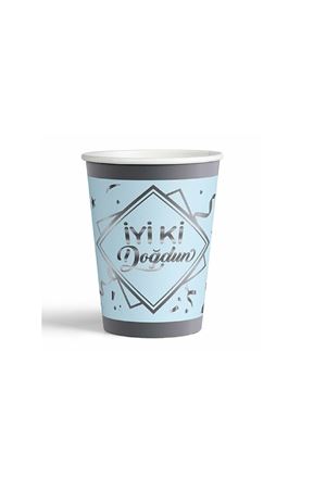 İyi ki Doğdun Yaldızlı Gümüş Mavi Karton Bardak 8 Adet