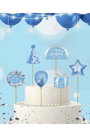 Pasta Süsü Kürdan Happy Birthday Mavi 6'lı