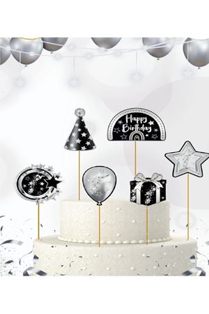 Pasta Süsü Kürdan Happy Birthday Siyah Gümüş 6'lı