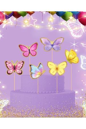 Pasta Süsü Kürdan Renkli Kelebek 6'lı