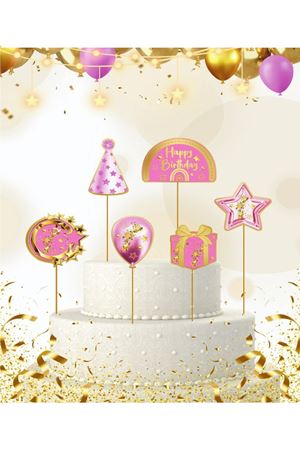 Pasta Süsü Kürdan Happy Birthday Pembe 6'lı