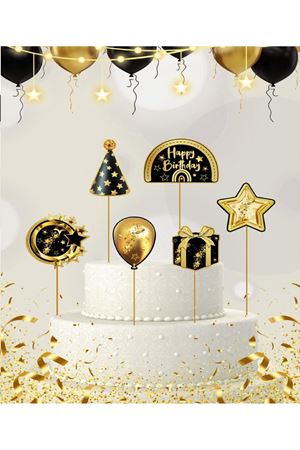 Pasta Süsü Kürdan Happy Birthday Siyah Gold 6'lı