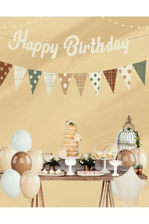 Happy Birthday Retro Kaligrafi Puanlı Flamalı Krem