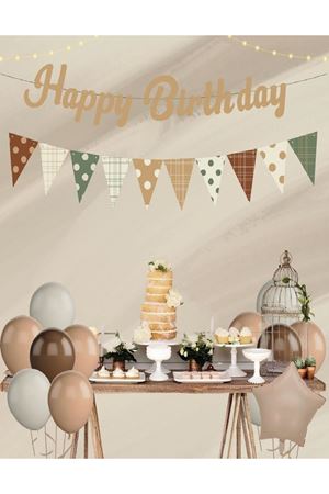 Happy Birthday Retro Kaligrafi Puanlı Flamalı Bej