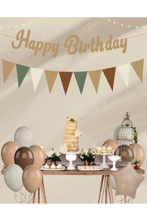 Happy Birthday Retro Kaligrafi Flamalı Bej