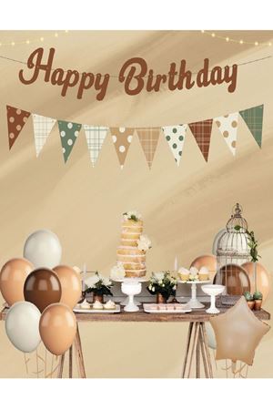 Happy Birthday Retro Kaligrafi Puanlı Flamalı Kahve