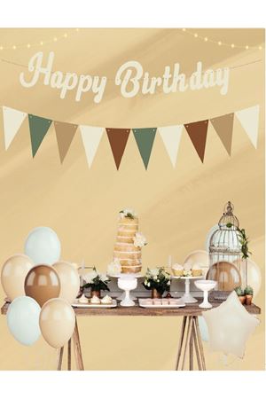 Happy Birthday Retro Kaligrafi Flamalı Krem