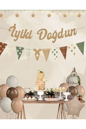 İyiki Doğdun Retro Kaligrafi Puanlı Flamalı Bej