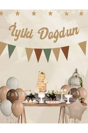 İyiki Doğdun Retro Kaligrafi Flamalı Bej